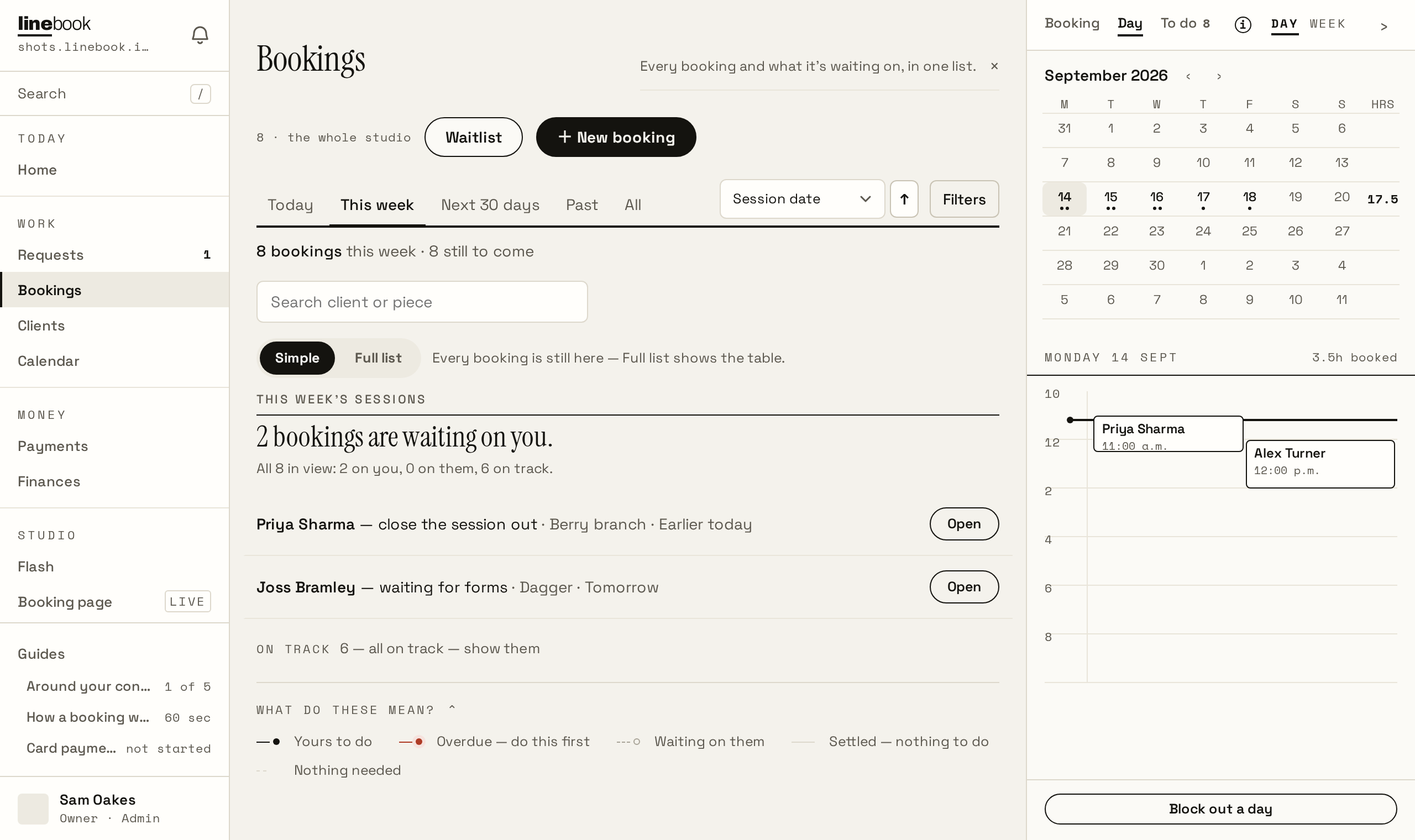 The bookings list, each row saying whose move it is next and what is owed.