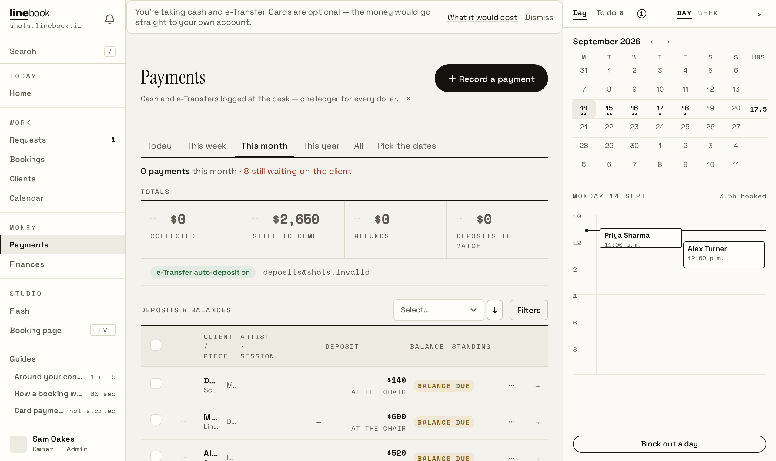 The payments ledger: card, cash and e-transfer in one list, each row showing the method and what it was for.