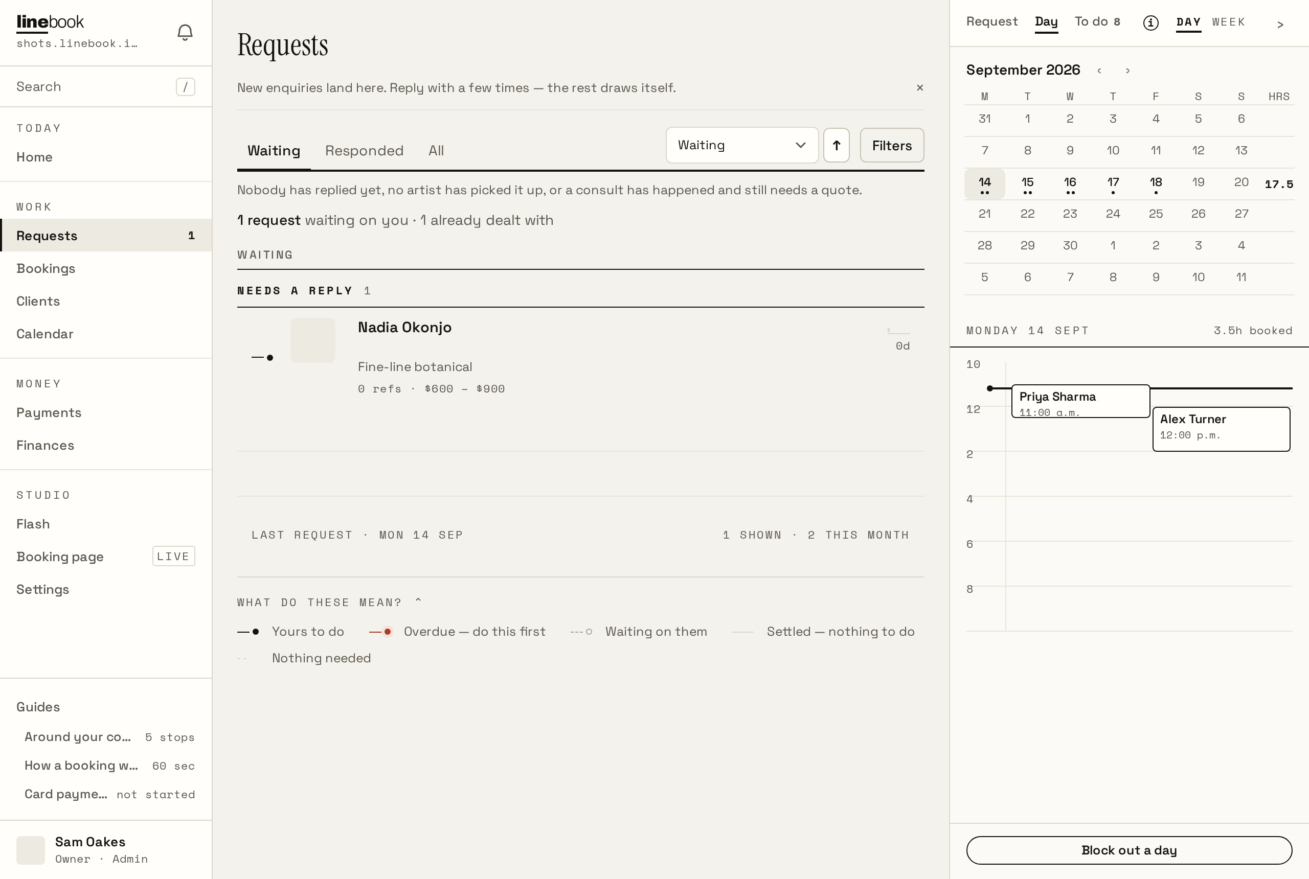 The requests queue: each enquiry listed with the client's name, the piece, and whose move it is next.